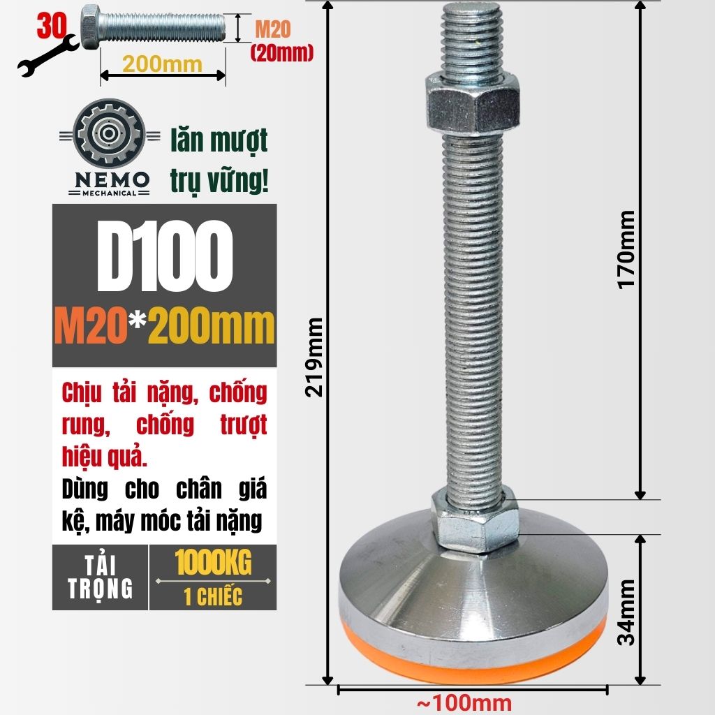 Chân Tăng Chỉnh Chịu Tải Siêu Nặng – Hệ Bulong M16/M20, Chịu Tải 3 Tấn (Bát Thép Mạ Crom)